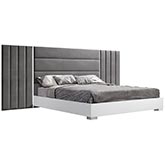 Nina King Bed with Oversize Headboard in Grey Velvet, Chrome & Gloss White